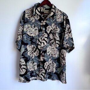Naturalife Leaf Print Short Sleeve Button‎ Up Shirt Grey Tan Men Size Large silk